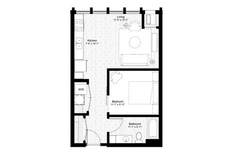 Floor plan for studio, 1 bath, 588 sqft